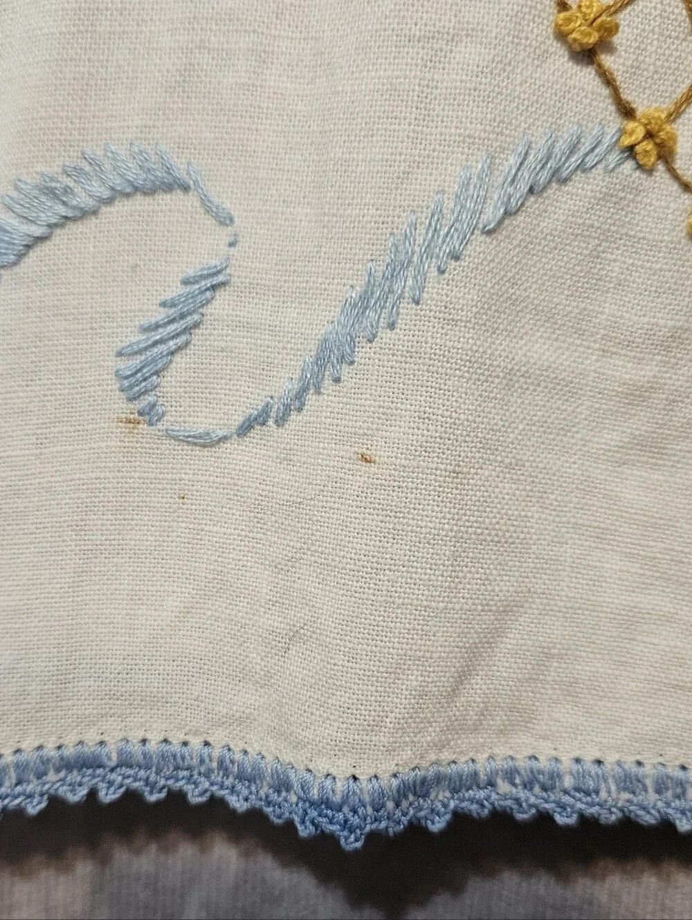 Vintage Embroidered Table Runner Cornucopia Butterflies Floral Blue Crochet Edge